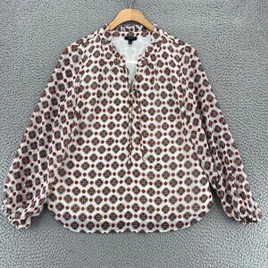 Talbots Top Womens Small Petite White Multi Floral Long Balloon Sleeves Blouse